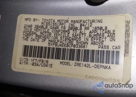 2012 Toyota Corolla Le из США, поврежденный, VIN 5YFBU4EE0CP033681